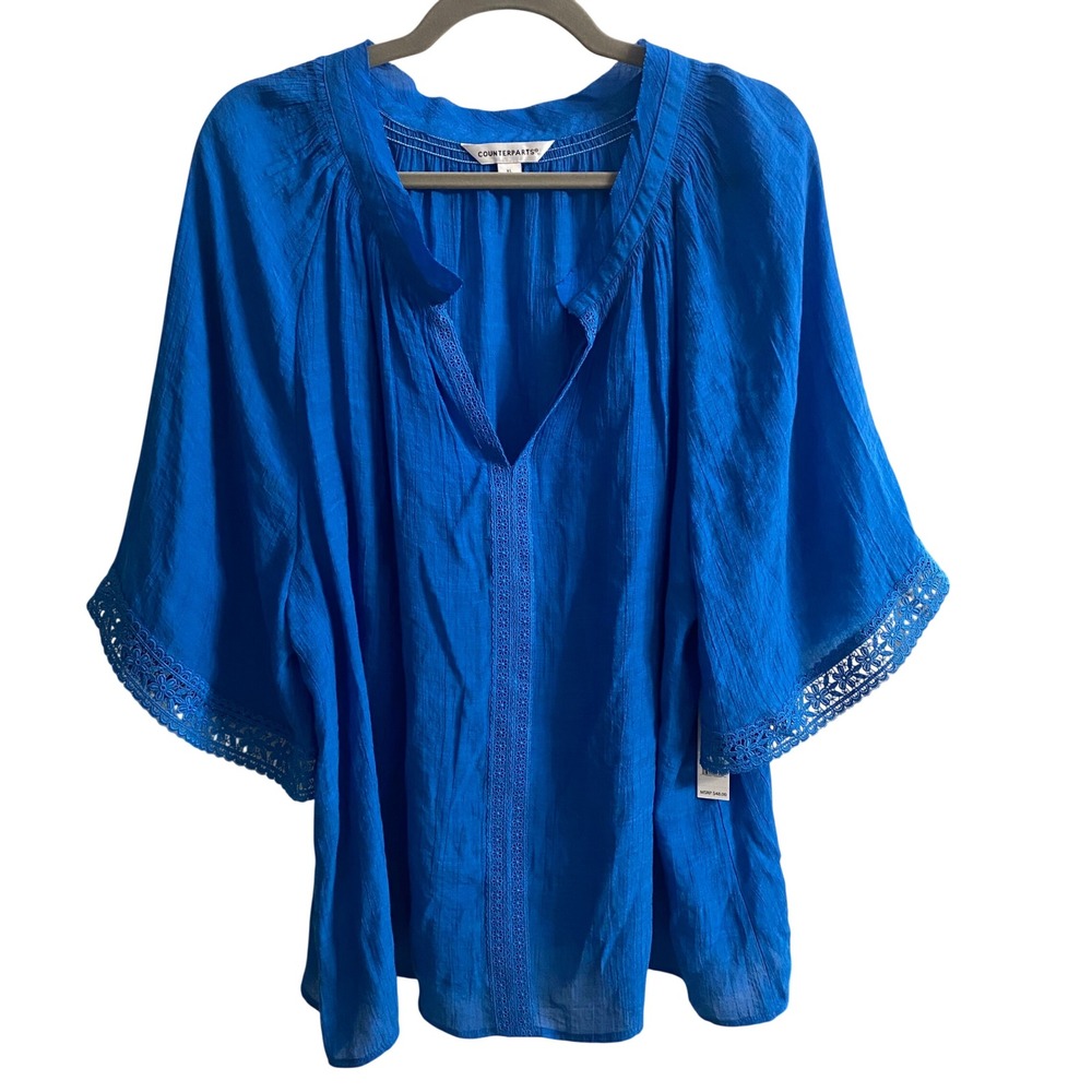 Counterparts Blue Sapphire Crochet Lace Trim Blouse XL 911921HA New